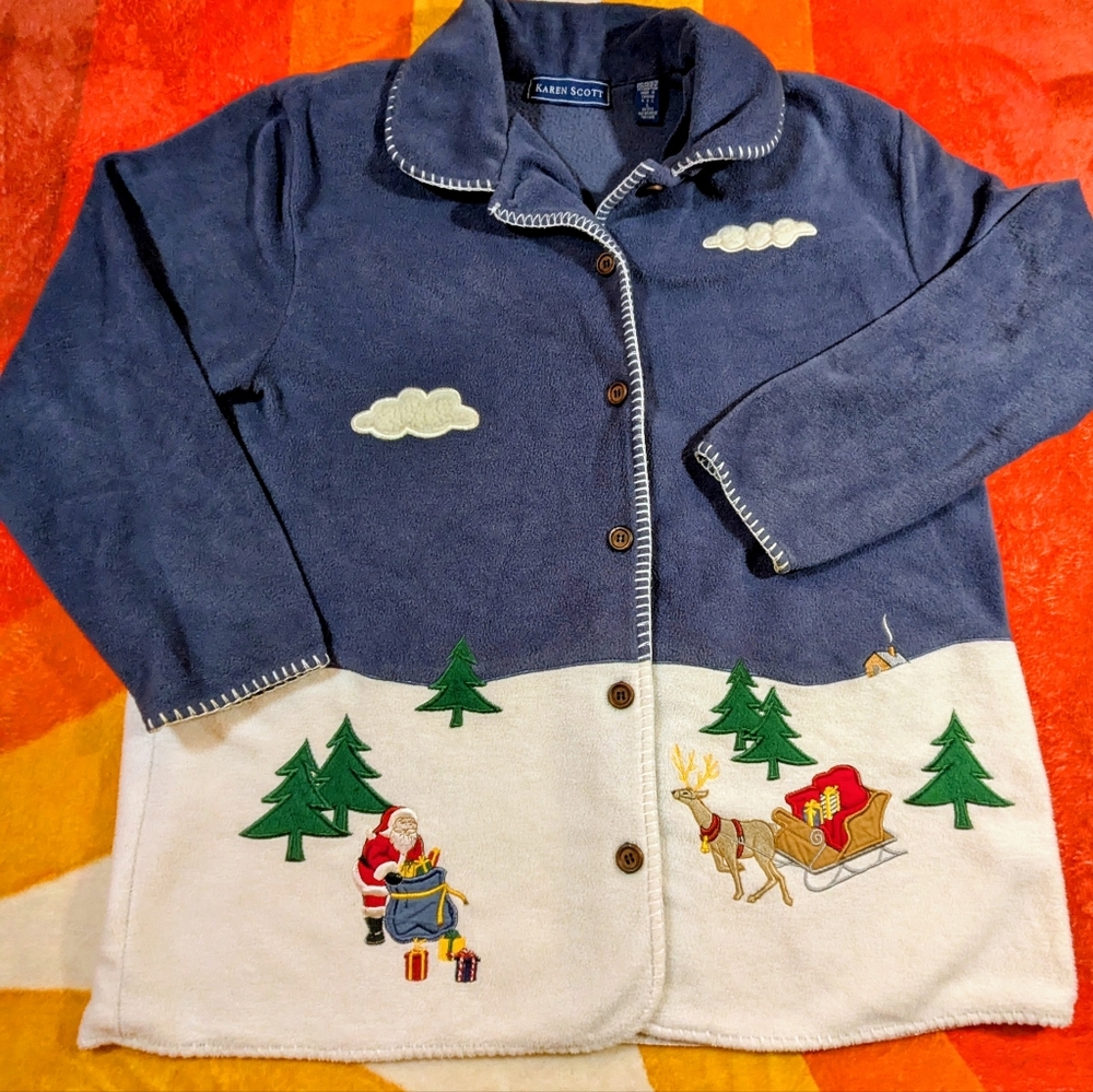 Vintage Karen Scott Holiday Winter Fleece Jacket Women's LG, Santa Christmas